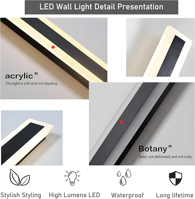 2Pack 39inch Long Outdoor Modern LED Wall Light30W Waterproof IP65 Warm White 110V led Wall Mount Lighting Fixture Rectangular Black Wall Lights Elegant Frosted White Acrylic Anti Rust