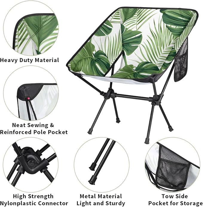 Honeybaby Folding Camping Chair Tropical Palm Leaf Print Camping Chairs Lightweight Portable Chair Outdoor Foldable Chairs for Camping Travel Picnic Beach Hiking