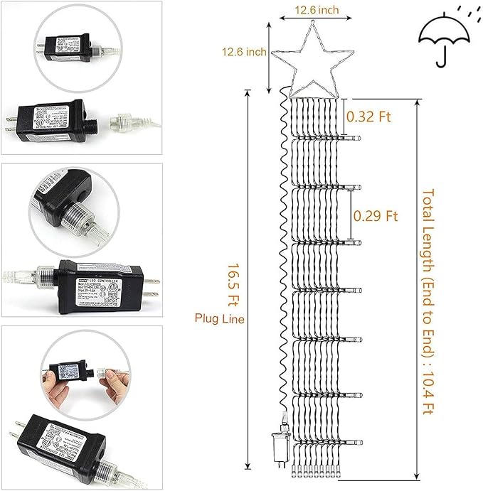 Christmas Decoration Lights Outdoor Christmas String Light 320 LED 11.5 Ft Waterfall Tree Lights with Big Star Topper 8 Light Modes for Xmas New Year Holiday Garden Yard Indoor Outdoor Decor