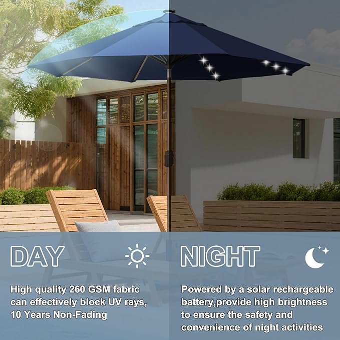 EliteShade USA 10-Year-Non-Fading 10Ft Market Umbrella with 80 LED Lights Patio Umbrella Outdoor Table Umbrella with Ventilation(Navy Blue)