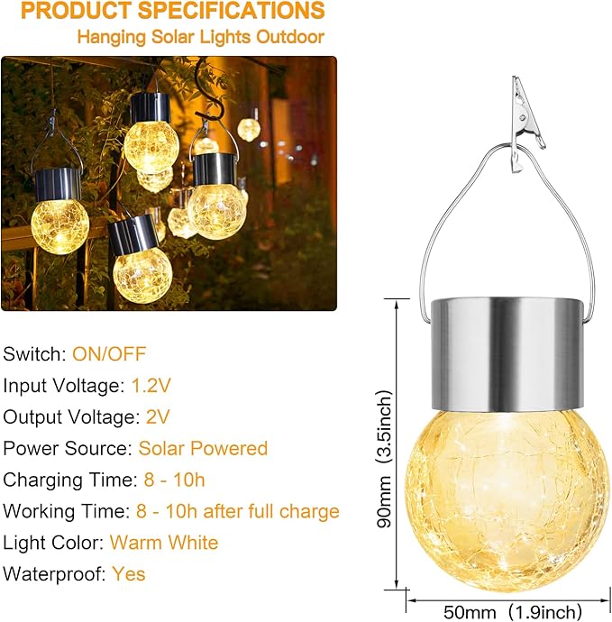 MAXvolador 12-Pack Hanging Solar Lights Decorative Cracked Glass Ball Light Solar Powered Waterproof Globe Lighting for Garden Tree(Warm White)