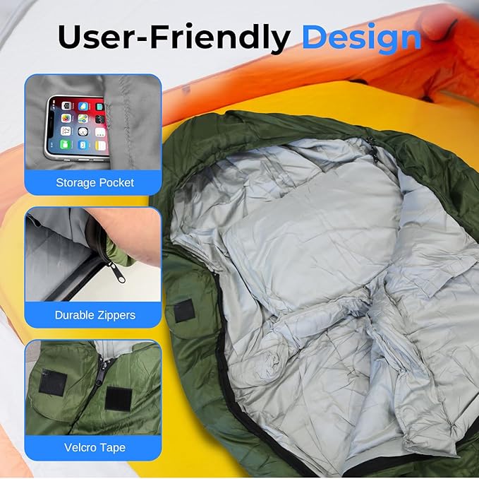 SereneLife 0 Degree Mummy Sleeping Bag – Military-Style Lightweight &amp Waterproof for Extreme Cold Stays Warm in 5–10°F No-Snag Zipper Compact Carry Bag &amp Travel Pillow for Camping &amp Ba