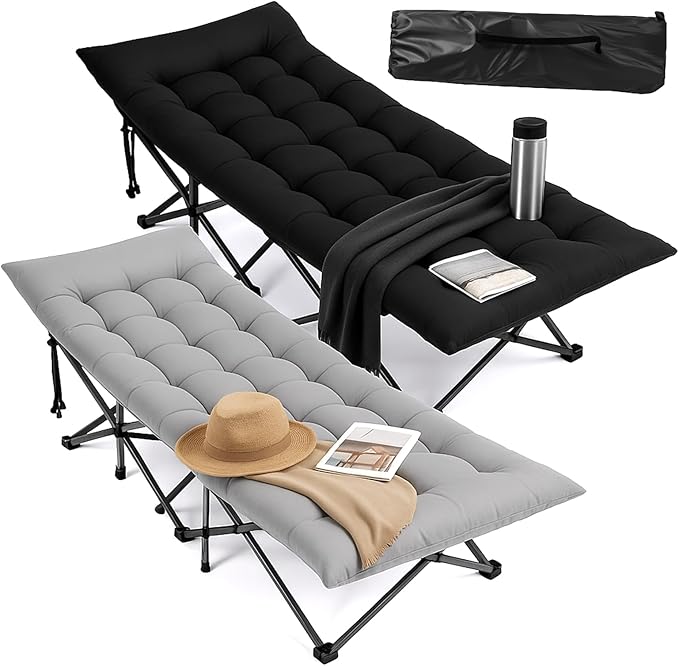 VINGLI Folding Camping Cot BedCamping Cots for Adults with Mattress Cots for Sleeping with Pillow 1200D Layer Oxford for for Guest-Grey &amp Black