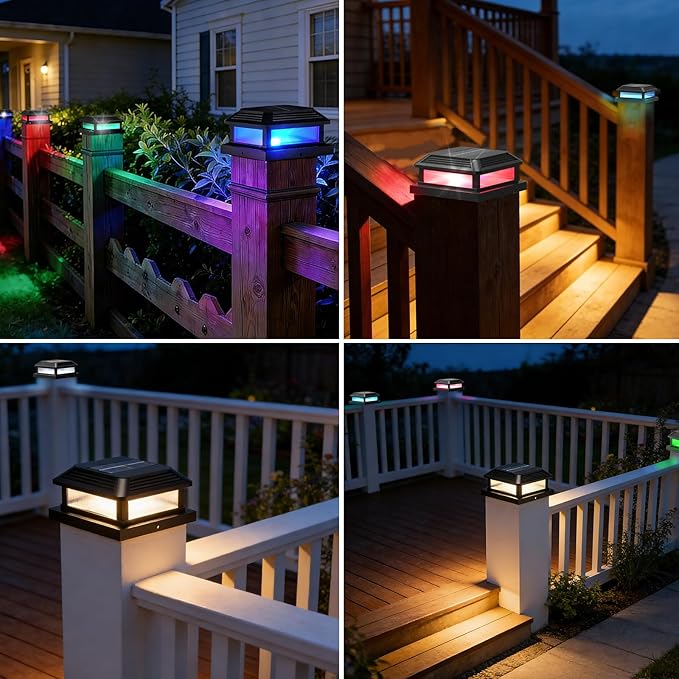 Solar Post Cap Lights Outdoor RGBW Fence Post Solar Lights with Remote Control Dusk to Dawn Waterproof Deck Posts Light fit 3.5x3.5-5x5 Posts for Deck Patio Garden Decoration (6 Pack Black)