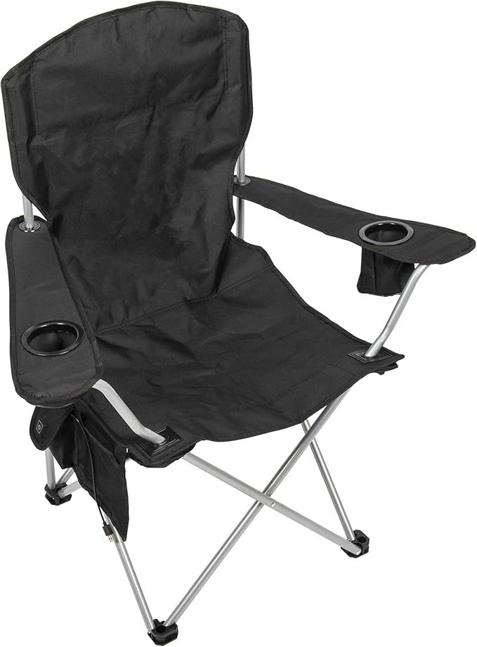 CAMP &amp GO Heated Deluxe Quad Camping Chair Folding Heated Chair with 18 USB Cable Storage Compartment and Cup Holders Black