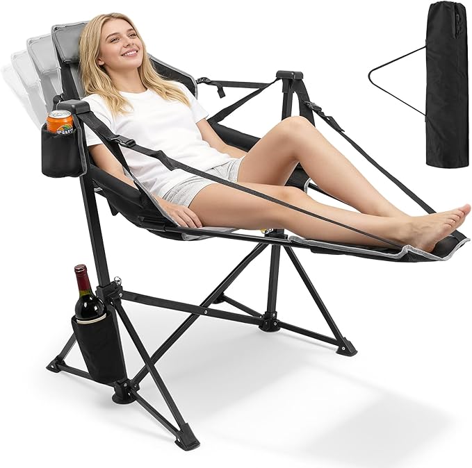 ZENPETIO Hammock Camping Chair with Footrest Swinging Portable Folding Camp Chairs for Adults 500lbs Heavy Duty Outdoor Rocking Chair Foldable Oversized Rocker with Cup Holder Pillow for Patio Beach