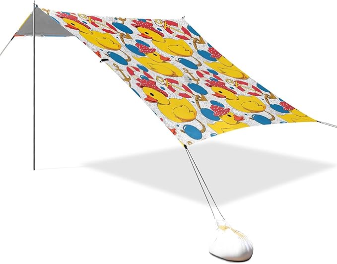ALAZA Yellow Duck Lifebuoy Beach Tent Sun Shelter UPF50+ Protection Beach Shade Canopy w/ 4 Sandbags for Outdoor Camping Fishing Backyard Fun Picnic 10x9 ft