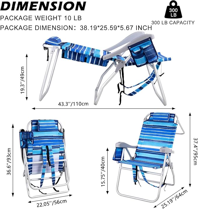 Backpack Beach Chairs for Adults - Folding Heavy Duty High Camping Chair with Storage Pouch Cup Holder &amp Towel Rack Adjustable Lounge Chair for OutdoorTravel (1pack /High Back Blue Strap)