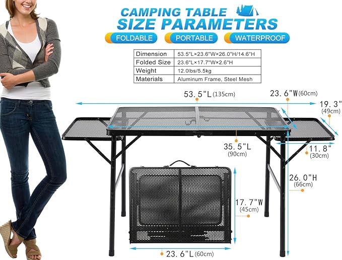 Large Folding Camping Table - Metal Mesh Grill Table with 2 Wing Panels | 2 Adjustable Heights | Large Picnic &amp Outdoor Table | Expandable Shelves Lightweight (4.4 FT Black)
