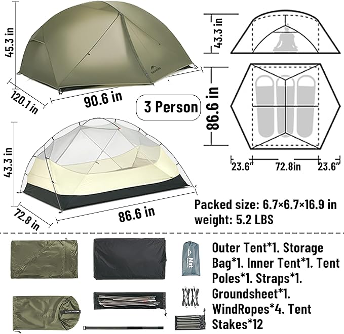 Naturehike 2025 Mongar Pro/Base Camping Tent 1-3 Person Ultralight Backpacking Tent 20D Nylon 3 Season Waterproof Mongar 2 Person Hiking Tent for Backpacker Trip Solo Camping