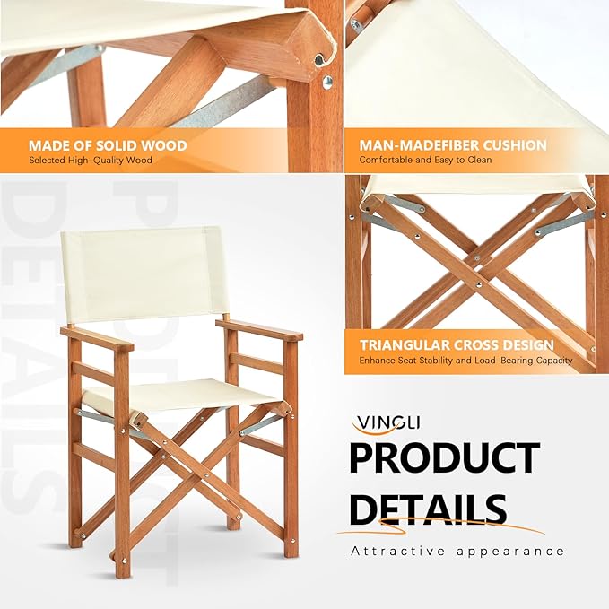 VINGLI Widen Folding Director Chair Set of 2 with Sturdy Wooden Frame &amp Beige Canvas Portable Durable for Outdoor Patio Camping Use Off-White