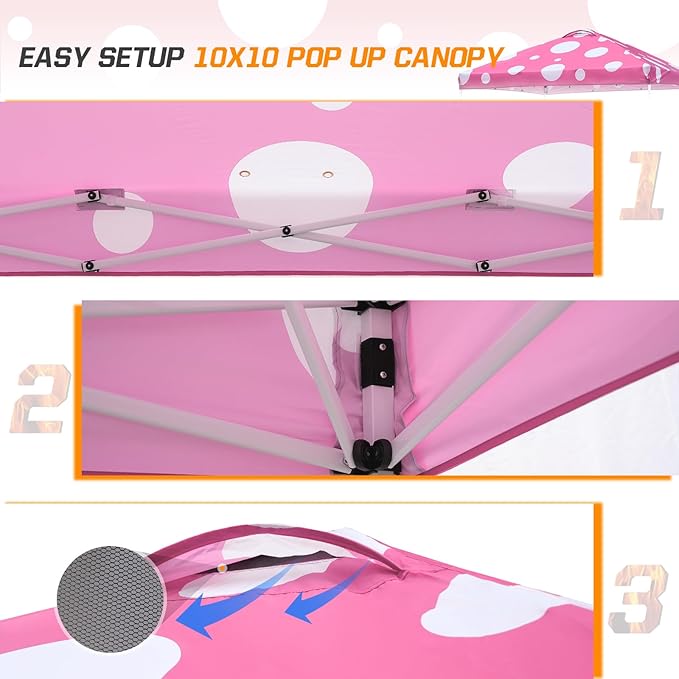 EAGLE PEAK Pop Up Canopy Tent with Wheeled Carry Bag 8 Stakes 4 Ropes 4 Weight Bags Easy Set Up Tent Canopy 10x10 ft 100sqft of Shade Pink Mushroom