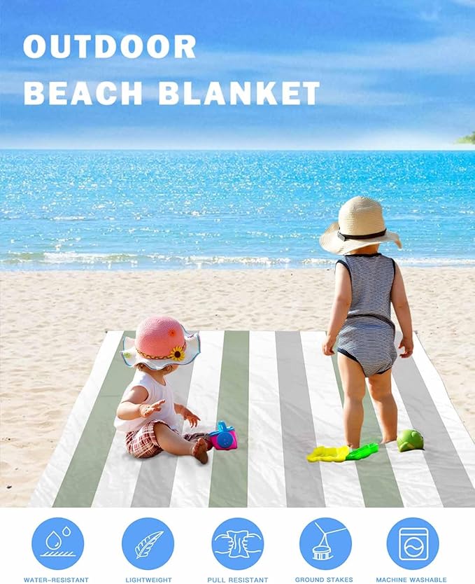 Modern Art Beach Blanket Waterproof Sandproof 83x79 Gray Sage Green Stripes Oversized Beach Mat with 4 Corner Sand Pocket &amp 4 Stakes Compact Outdoor Picnic Mat for Camping Travel Festivals
