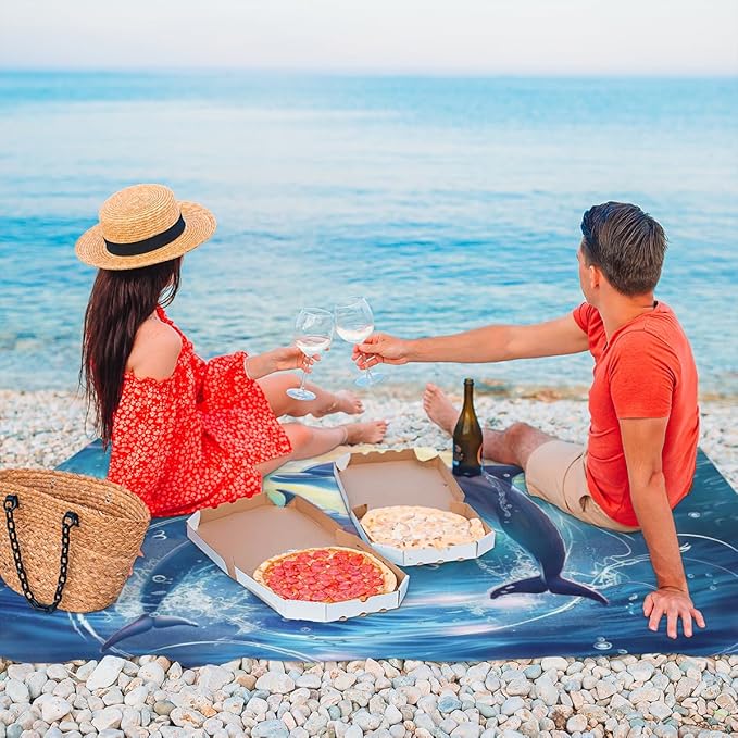 Ocean Dolphins Beach Blanket Waterproof Sandproof Sea Dolphins Extra Large Beach Mat Sand Free Quick Drying Lightweight Durable Outdoor Picnic Blanket for Travel Camping Hiking