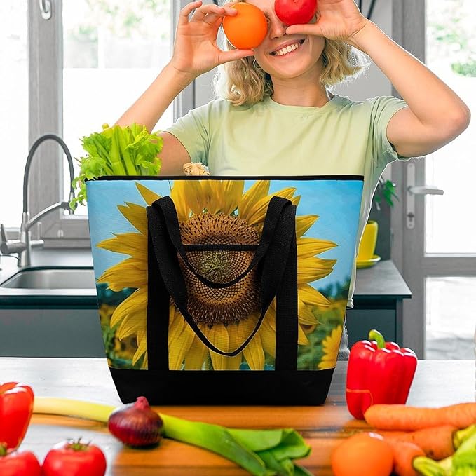 Insulated Shopping BagLarge Reusable Cooler Bags Beutiful Sunflower Printed Foldable Shopping BagTravel Waterproof Shoulder Bag