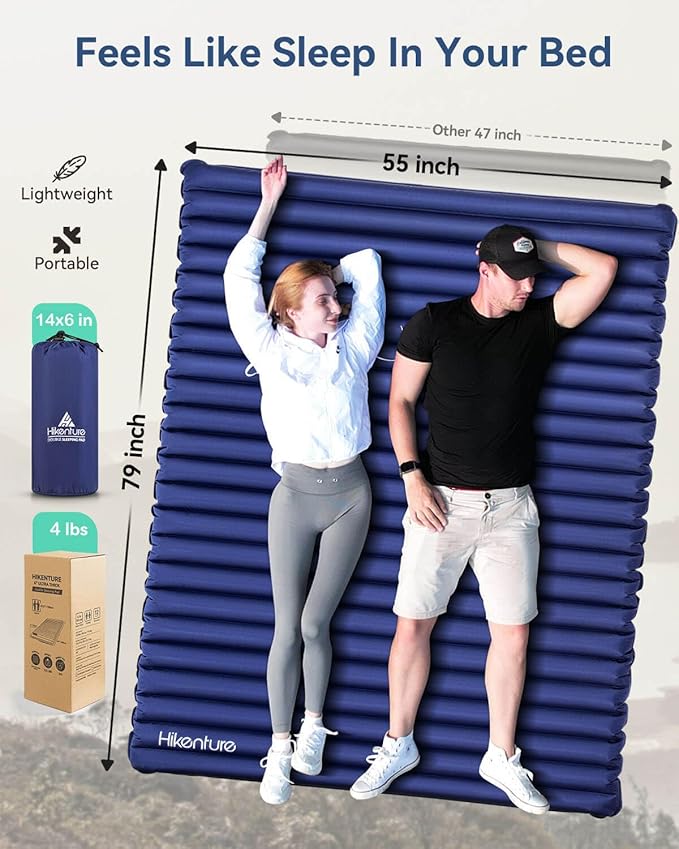 Hikenture Double Sleeping Pad for Camping 4 Extra-Thick Camping Mattress 2 Person Inflatable &amp Ultralight Sleeping Mat for Backpacking Hiking (Navy Pumpsack Full XL)