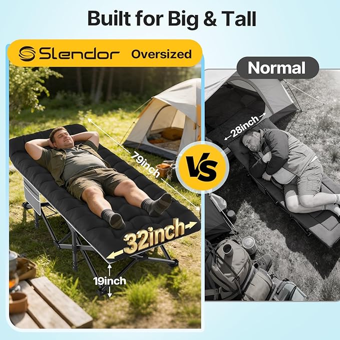Slendor XXL Folding Camping Cot for Adults with Mattress Pillow Carry Bag 32 inch Extra Wide Portable Sleeping Cot 900LBS Support Outdoor Cot Bed for Office Nap Beach Travel RV