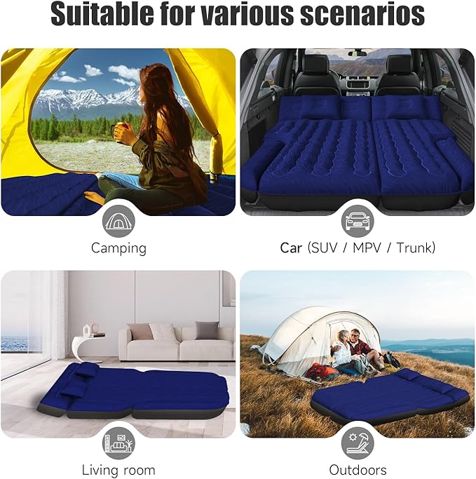 Inflatable SUV Air Mattress Bed Car Mattress for SUV Double-Sided Flocking Travel Camping Bed Car Air Mattress Car Sleeping Mattress Bed for Universal SUV with Air Pump &amp 2 Pillows