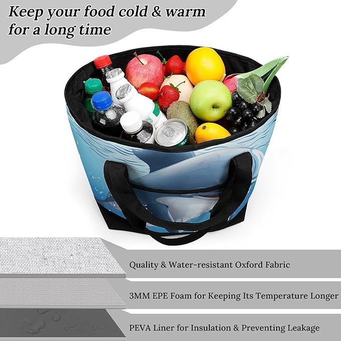 Insulated Shopping BagLarge Reusable Cooler Bags Baby Dolphin Printed Foldable Shopping BagTravel Waterproof Shoulder Bag