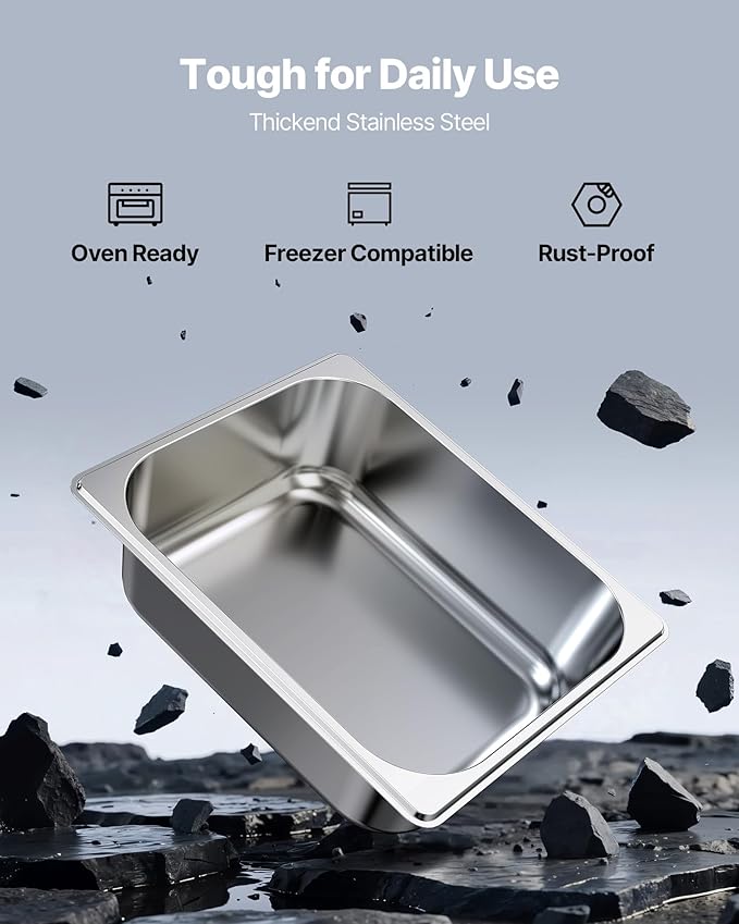 VEVOR 6 Pack Stainless Steam Hotel Pans 1/2 Size Table Steam Pan 4 Inch Deep Anti Jam Restaurant Supplies Reusable Rustproof Catering Storage for Home Party Restaurant Hotel Buffet