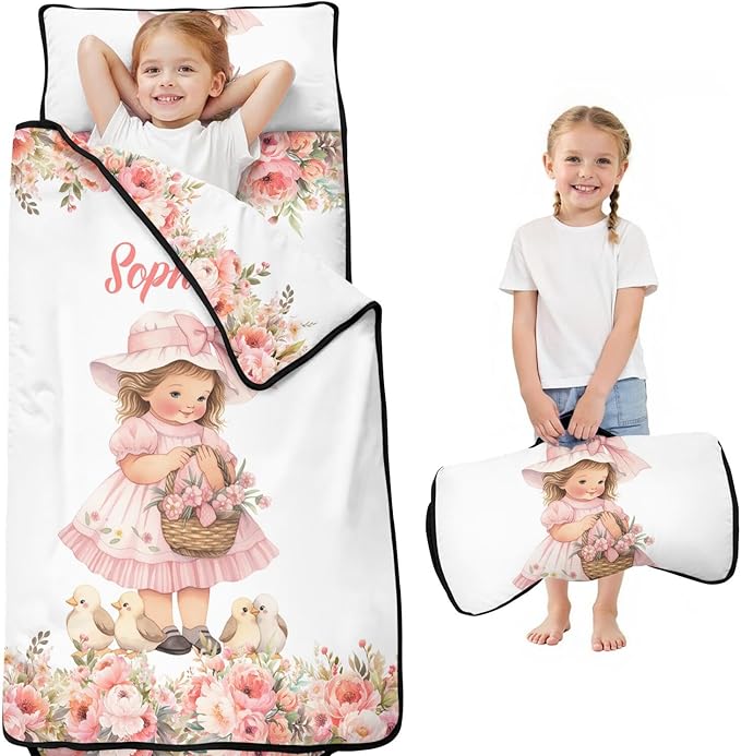Custom Toddler Nap Mat with Name – Personalized Sleeping Bag for Kids with Pillow and Blanket Roll-Up Design