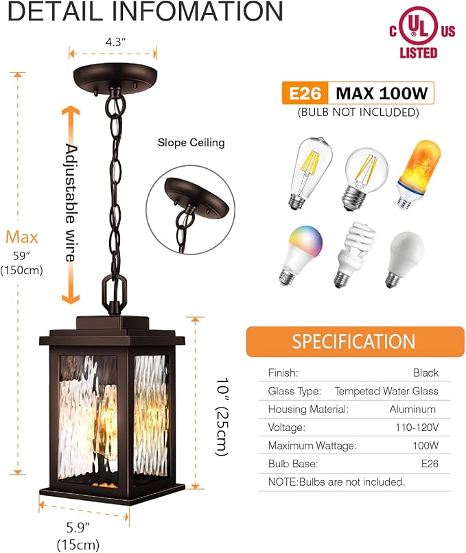 VIANlS Oil Rubbed Bronze Outdoor Pendant Light 1 Pack Outdoor Chandelier for Porch Hanging Outside Lights Lantern with Adjustable Chain Anti-Rust ORB Porch Lights Exterior Ceiling Fixtures