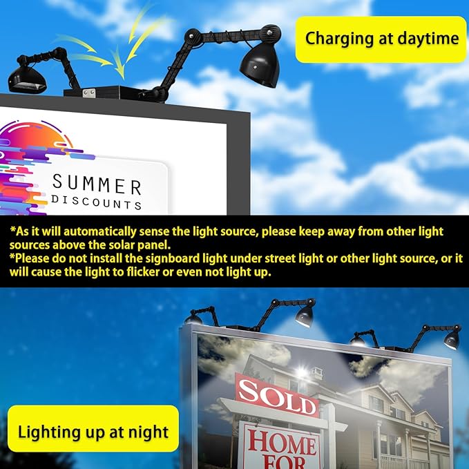 Solar Sign Lights Outdoor 120 LEDs Solar Billboard Light IP65 Waterproof 5200 mAh Up to 12 Hrs Commercial Solar Signboard Light for Real Estate Signs Business Shops Bus Stop Yard Sign
