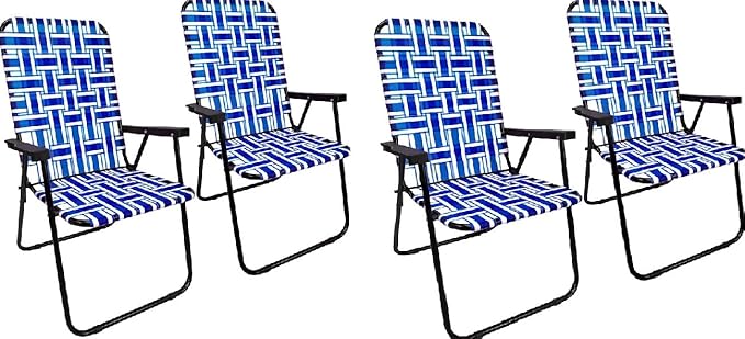 Lawn Chair Folding Steel Webbing Chaise Patio Lounger Seat Wood Handles Great for Camping Beach Fishing Backyard Stadium Pool Boating and Sports 4 Pack Blue
