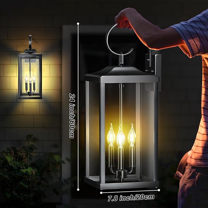 2 Packs 24 Extra Large Outside Wall Light Fixture 3-Light Black Outdoor Porch Lantern Wall Mounted Waterproof Modern Outside Wall Sconce Coach Lamp for House E12