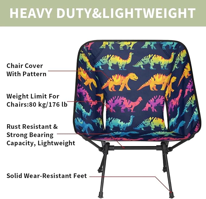 Honeybaby Folding Camping Chair Cool Dinosaurs Camping Chairs Lightweight Portable Chair Outdoor Foldable Chairs for Camping Travel Picnic Beach Hiking