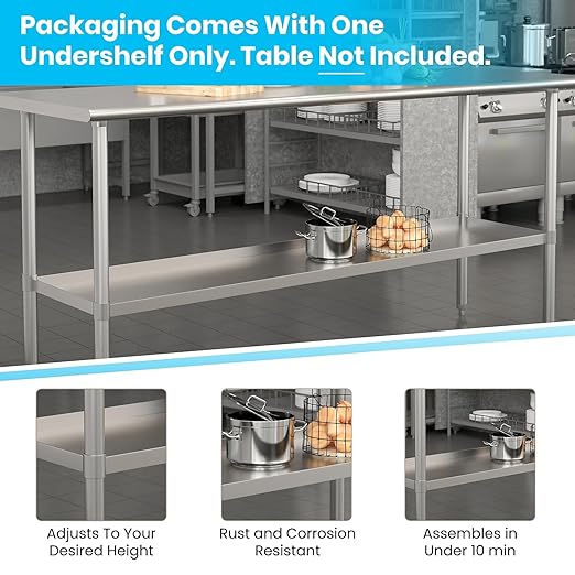 Flash Furniture Woodford Galvanized Under Shelf for Prep and Work Tables - Adjustable Lower Shelf for 30 x 72 Stainless Steel Tables