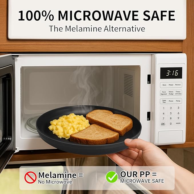 20 Piece RV &amp Camping Dinnerware Set Elegant Ceramic-Look Large Bowls &amp Plates Unbreakable &amp 100% Microwave Safe Melamine Alternative Service for 4 Black