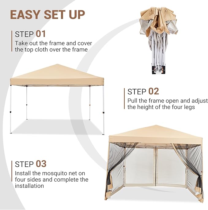 10x10ft Easy Pop-Up Canopy Outdoor Screen Tent with Mesh Mosquito Netting Side Walls Pop Up Tent Waterproof Outdoor Screen Shed for Camping Picnic Party Deck Yard Events