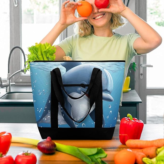 Insulated Shopping BagLarge Reusable Cooler Bags Baby Dolphin Printed Foldable Shopping BagTravel Waterproof Shoulder Bag