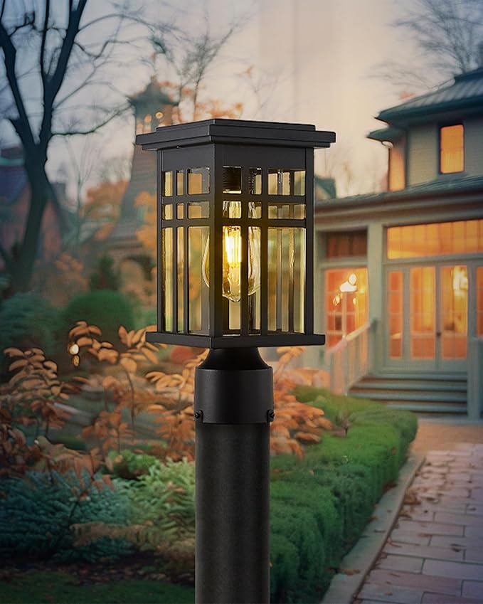 Dusk to Dawn Solar Outdoor Post Light HWH 2 Pack Solar Post Lights for Yard Garden Patio Pole Lamps Post with Remote Clear Glass Shade 5HD36P-2 SL BK