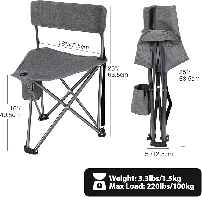 REDCAMP 2 Pack Tripod Camping Chairs Folding Lightweight Portbal 3 Legged Tripod Stool Seat with Cup Holders Small Fishing Chairs Compact for Adults Golf HuntingDark Grey