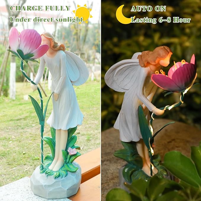 Fairy Garden Statue Outdoor Decor Solar Powered Garden Sculptures Fairy Resin Statues Waterproof Pink Flower Solar LED Lights Yard Art Decorations for Outside Patio Lawn Decor