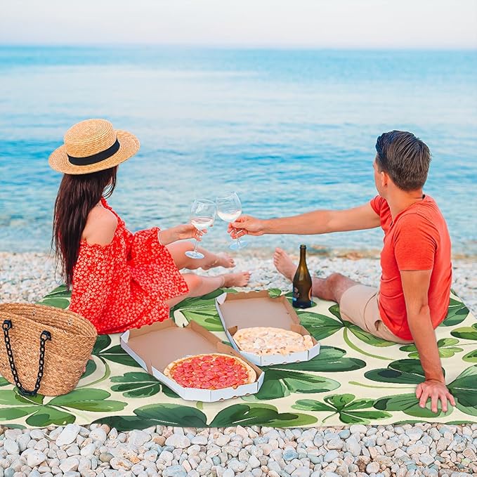 Waterproof Sandproof Beach Blanket 59''×68'' Four-Leaf Clover Polyester Outdoor Picnic Blanket with 4 Stakes &amp Storage Bag for BeachCampingVacation Greener
