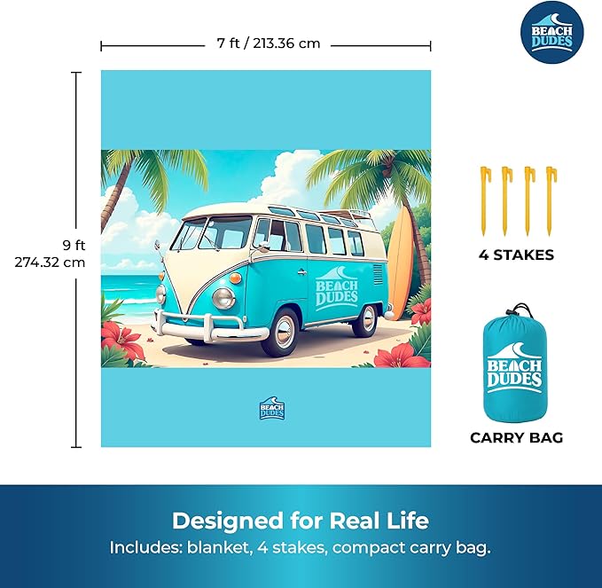 Beach Vibes Oversized Beach Blanket - 108x84 XL Sandproof Water-Resistant Picnic Mat | Lightweight Ripstop Nylon for Travel &amp Camping | Includes 4 Stakes and Carry Bag