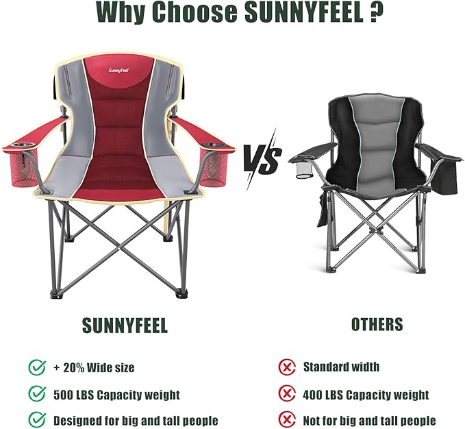 SUNNYFEEL Oversized Camping Chair for Big &amp Tall Adults Heavy Duty Folding Camp Chair Supports 500 lbs Padded High Back Lawn Chair with Cup Holder Portable Outdoor Chair for Camping Fishing &am