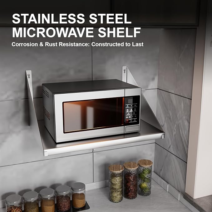 Stainless Steel Microwave Shelf 24x18 Heavy Duty Wall Mount Floating Shelving 110lb Max Load Commercial Microwave Rack for Restaurants Kitchens Bars Homes &amp Hotels