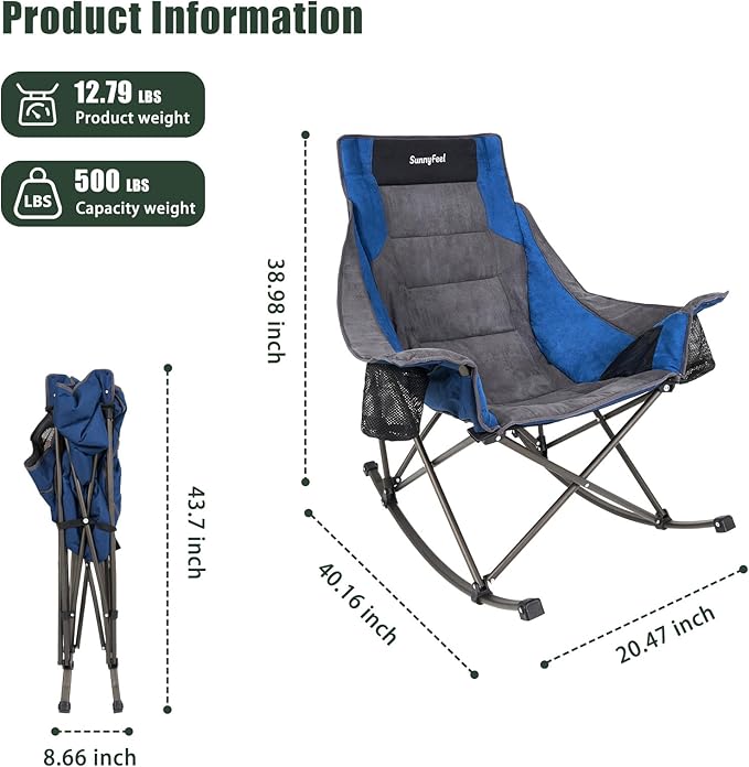 SUNNYFEEL Rocking Camping Chair Fully Padded Patio Folding Chair Portable Oversized Outdoor Rocker High Back Lawn Recliner with Side Pocket Camp Rocker Chairs for Adults Heavy Duty 500 LBS Blue