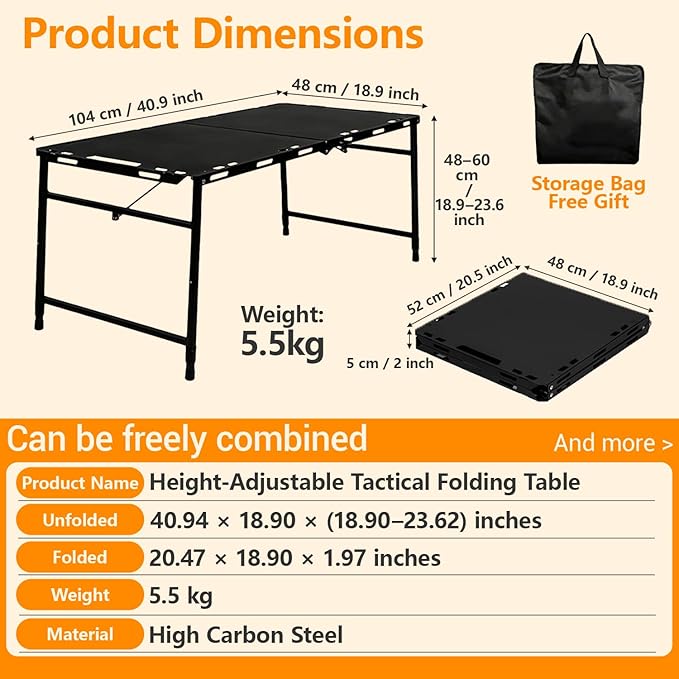 Camping Table Portable Folding Table 40.9x18.9 (Innovative Nitrogen Gas Strut) Adjustable Heights Outdoor Folding Tactical Table with Carry Handle Bonus Storage Bag for Camping Picnic Party