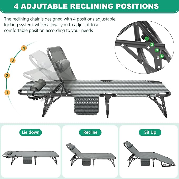 NAIZEA Folding Camping CotsAdjustable 4-Gear Sleeping Cots for AdultsFoldable Cot Bed Folding Chaise Lounge ChairPortable Reclining Chair for Beach Lawn Camping PoolSunbathing Chairs