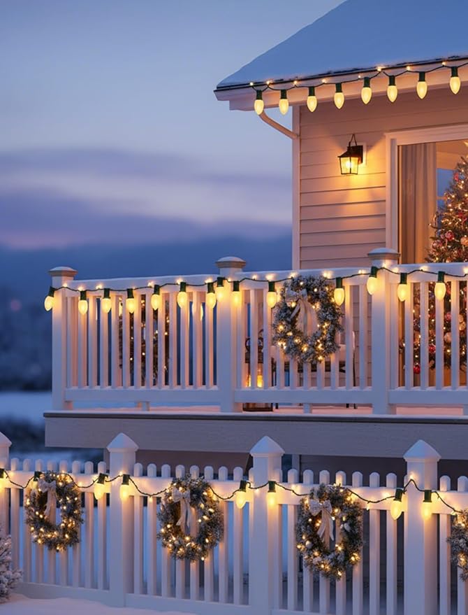 25FT C7 LED Christmas LightsFrosted White LED C7 Christmas String Lights with 27 LED BulbsCommercial Hanging Lights Candle House Porch Balcony Party Decor
