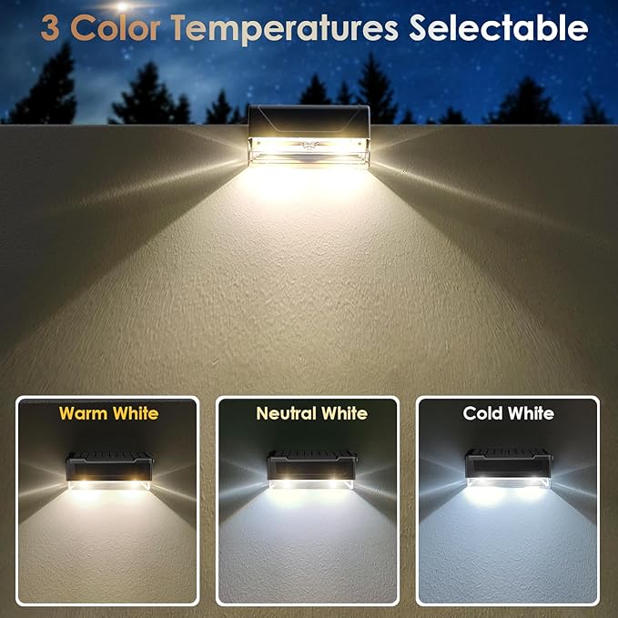 Solar Fence Lights Outdoor - 3000/4000/6000K 3 Mode IP65 Waterproof Fence Lights Solar Powered Dusk to Dawn Solar Light for Outside Backyard/Step/Patio/Deck/Stair Railings and Wall (12 pack)