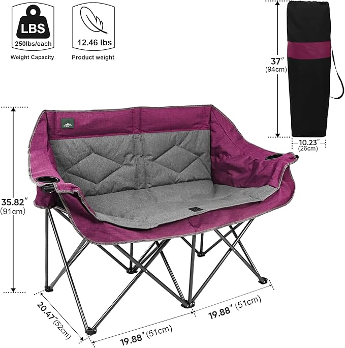Northroad Folding Loveseat Camping Chair Portable Double Duo Full Padded Garden Chair for 2 Person Sofa w/ 2 Cup HolderWine Glass HolderMesh StorageSupport 500lbs for Picnic Beach Travel (Purple)