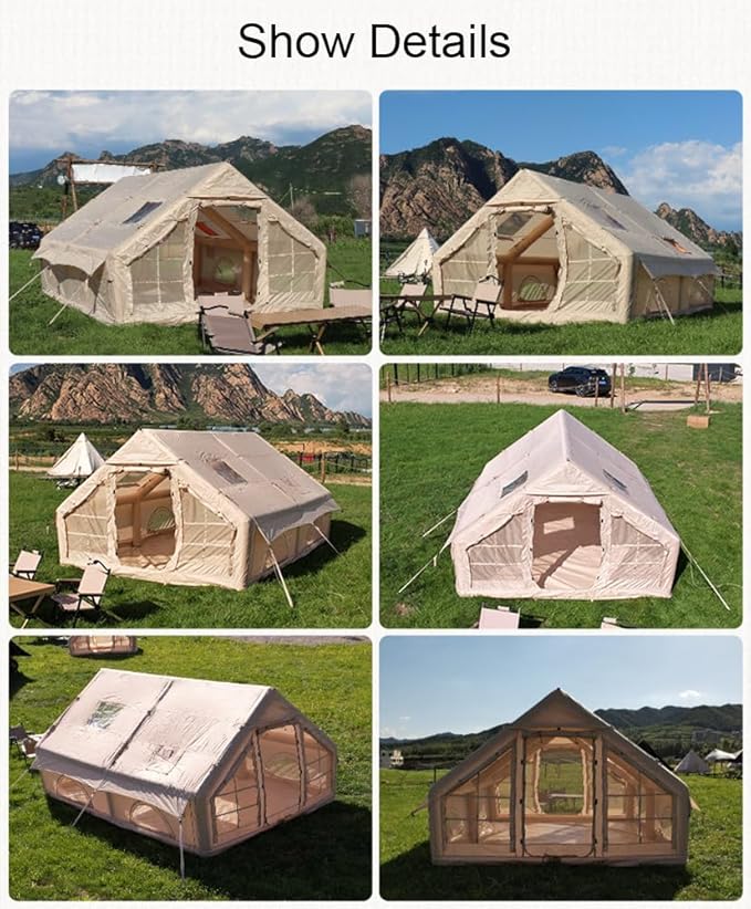 Large Luxury Inflatable Camping Tent Cotton Canvas Tent Breathable and Waterproof Air Tent with Skylight and Stove Jack Hole for for 4-6-8-10 Person Family Camping
