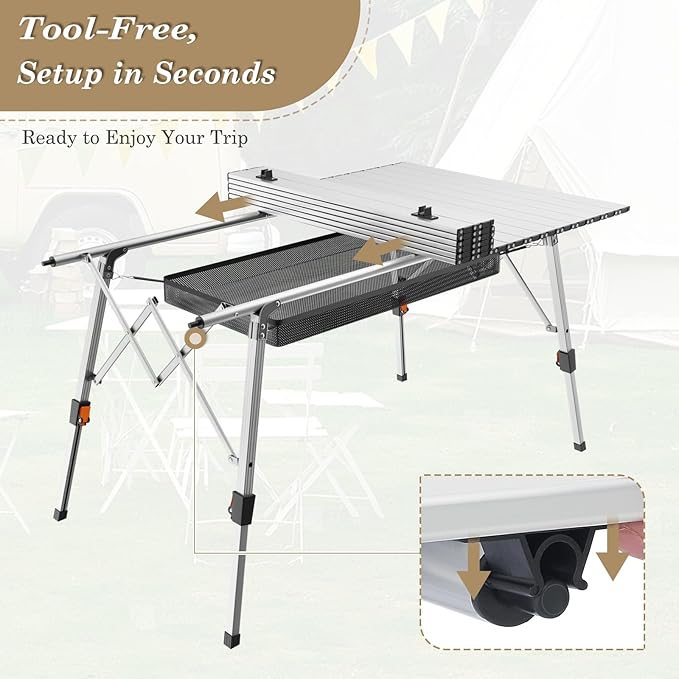 Athena Collection Foldable Camping Table 47 Aluminum Outdoor Folding Camp Table with Mesh Layer Telescopic Legs and Carry Bag Lightweight and Portable for Outdoor Camping Picnic Grilling Silver