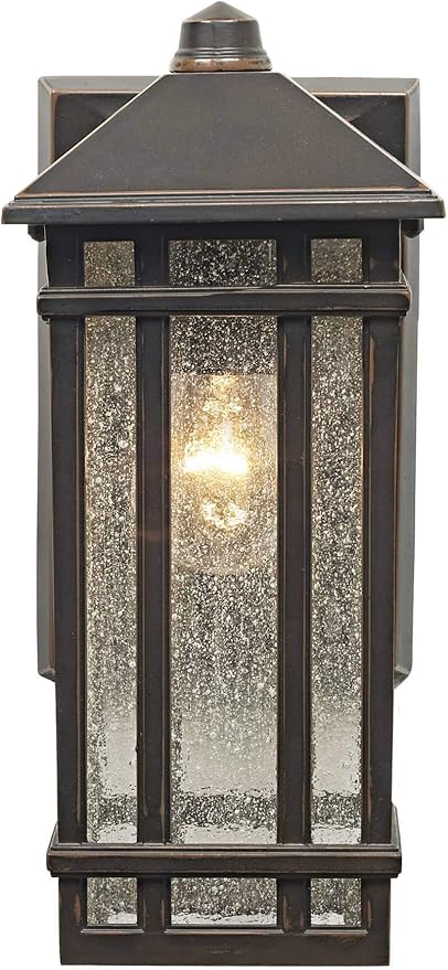 Kathy Ireland Sierra Craftsman Art Deco Outdoor Wall Light Fixture Rubbed Bronze Metal 10 1/2 Frosted Seeded Glass Panels for Exterior House Porch Patio Outside Deck Garage Yard Front Door